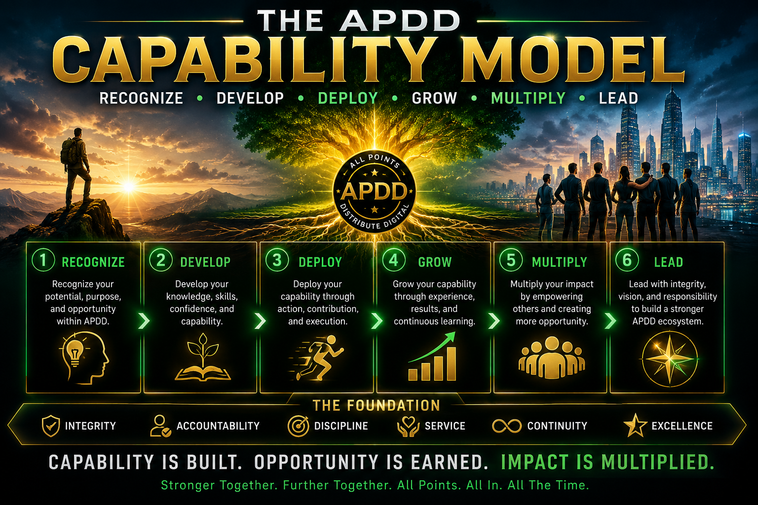 APDD Capability Model showing the progression of recognizing capability, developing capability, and rewarding capability through participation, learning, growth, and leadership