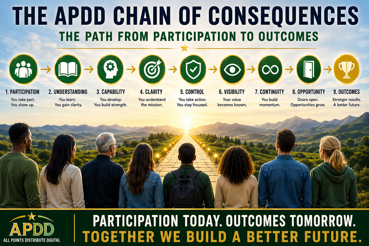 APDD Chain of Consequences showing the progression from participation to understanding, capability, clarity, control, visibility, continuity, opportunity, and outcomes