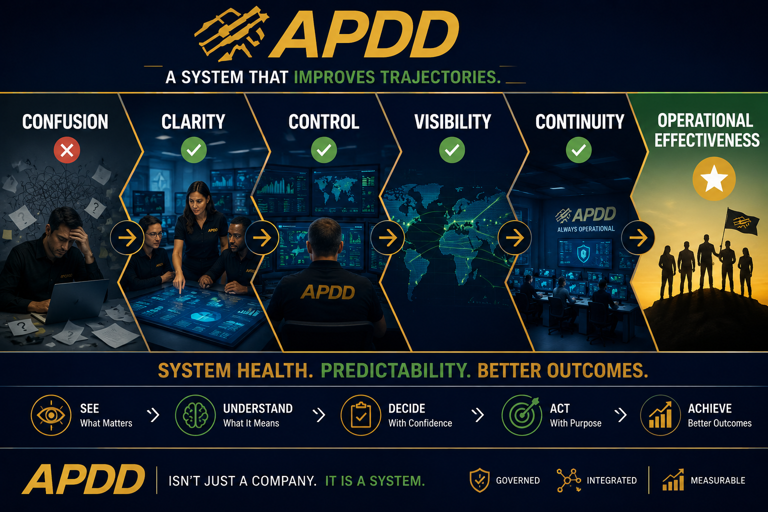 APDD system path showing movement from confusion to clarity, control, visibility, continuity, and operational effectiveness