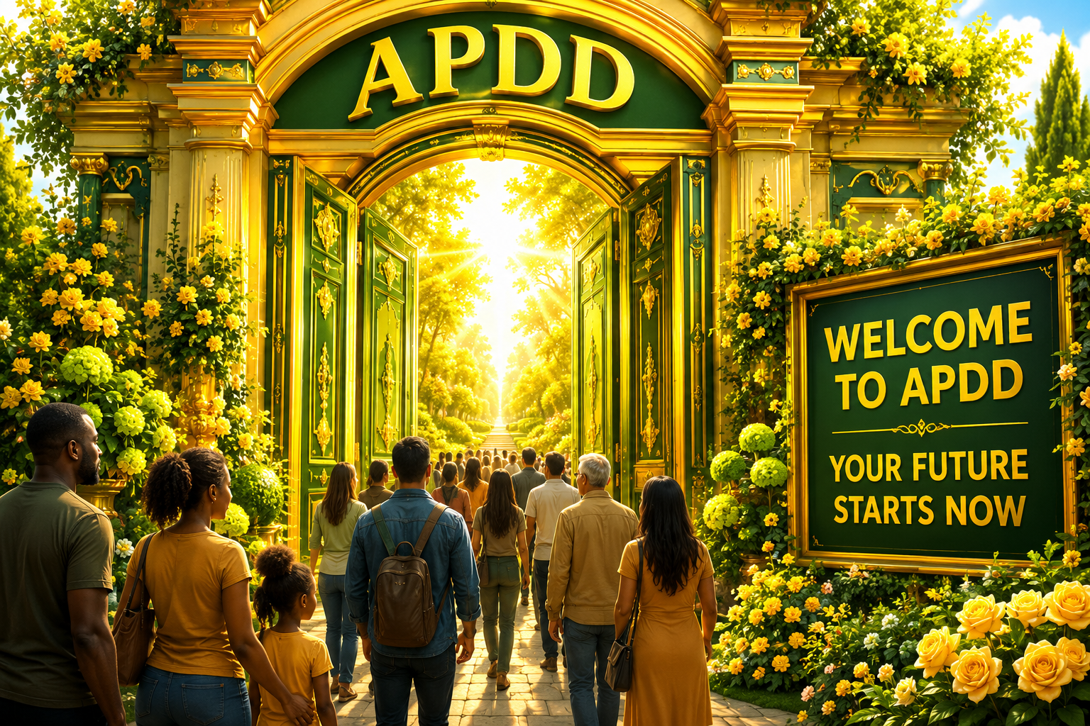 Grand APDD doorway welcoming participants into a future of capability, opportunity, participation, growth, and favorable outcomes