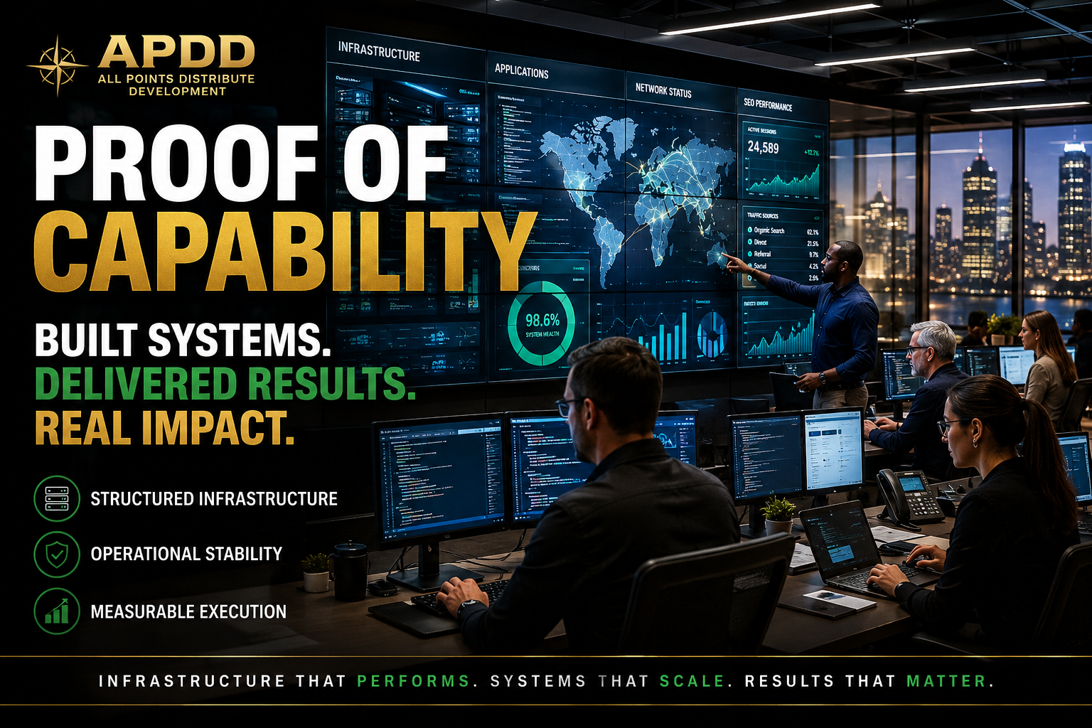 APDD proof of capability showing structured infrastructure, measurable execution, operational stability, and real-world digital systems